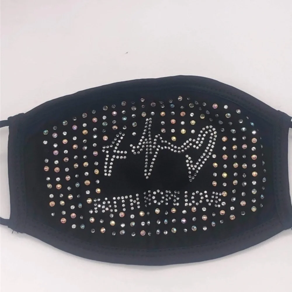 Fashion Rhinestone Bling Face Mask Faith Hope & Love Quote Adjustable & Washable